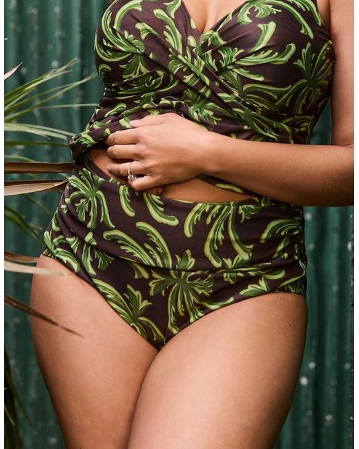 Live Unlimited London Green Palm Print Shaping Tankini Bottoms With Tummy Control