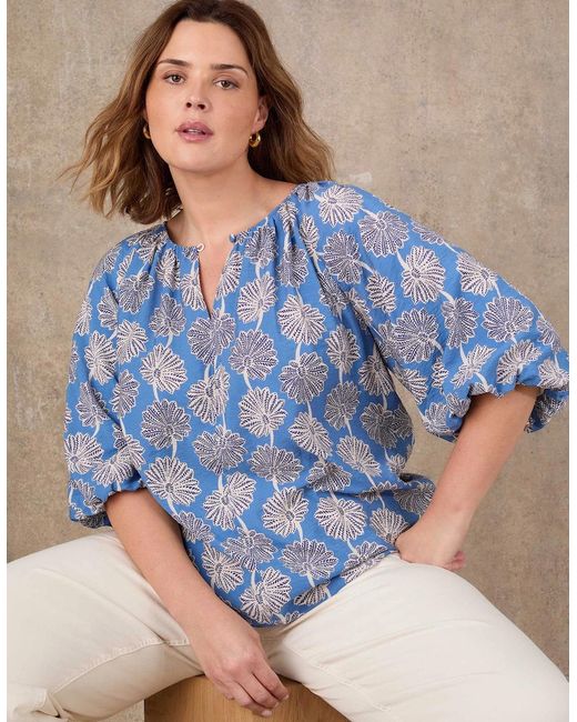 Live Unlimited London Blue Floral Print Raglan Puff Sleeve Blouse