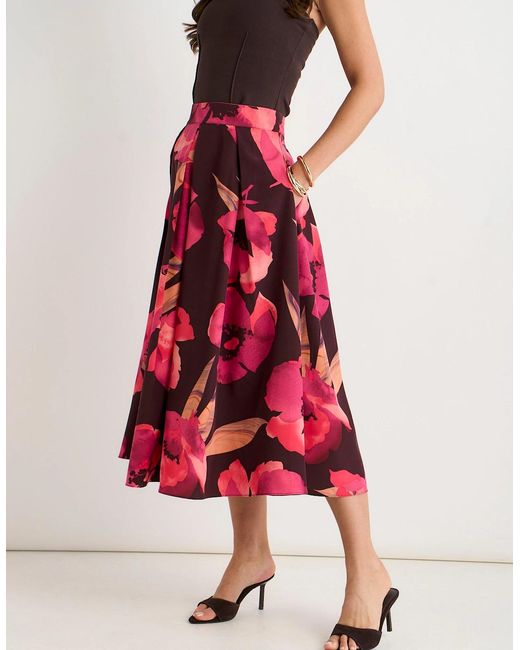 Gini London Red Large Floral Box Pleat Midi Skirt