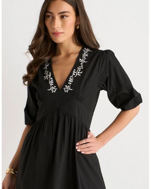 Gini London Black Puff Sleeve Cotton Embroidered Midi Dress