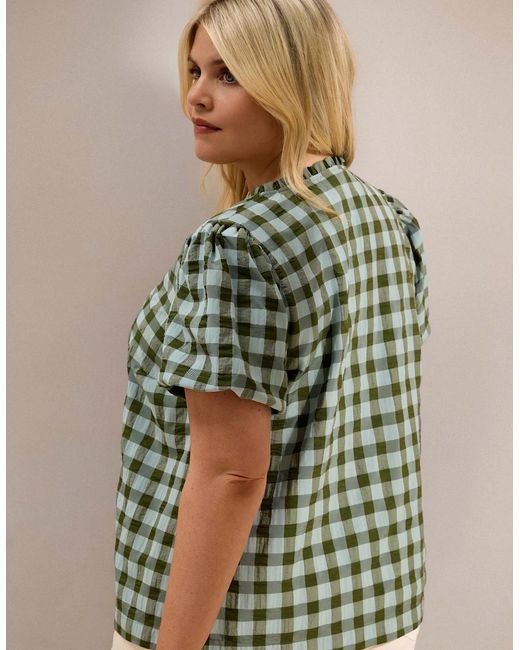 Live Unlimited London Green Gingham Button-Through Puff Sleeve Top