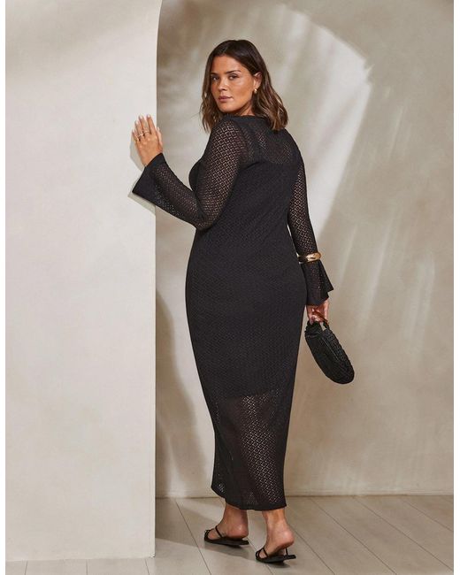 Live Unlimited London Black Crochet Bell Sleeve Midaxi Dress