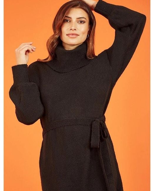 Yumi' Black Roll Neck Midi Sweater Dress