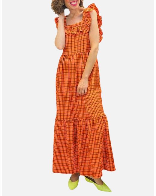 Brave Soul Orange Carla Long Dress Checked Summer Holiday Ladies Beach Maxi Dress