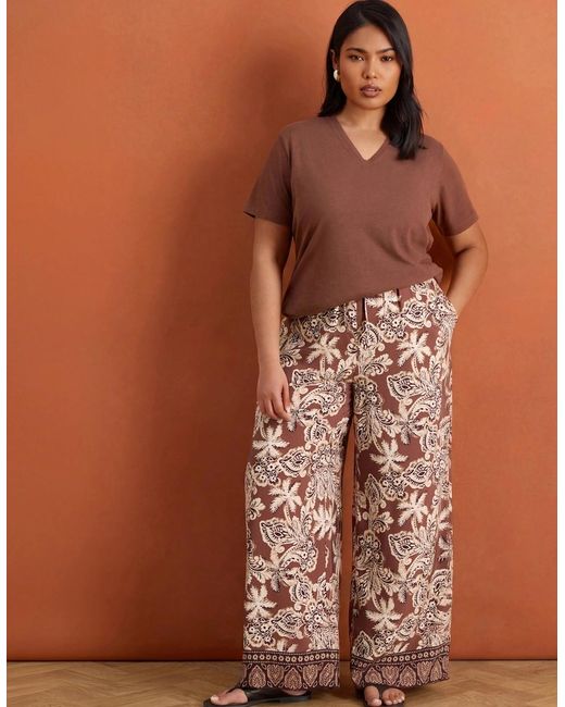 Live Unlimited London Brown Paisley Border Print Wide Leg Trousers