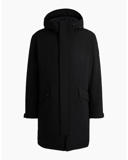Boss Black Solid Patterned Hooded Snap Button Flap Pocket Parka Coat for men