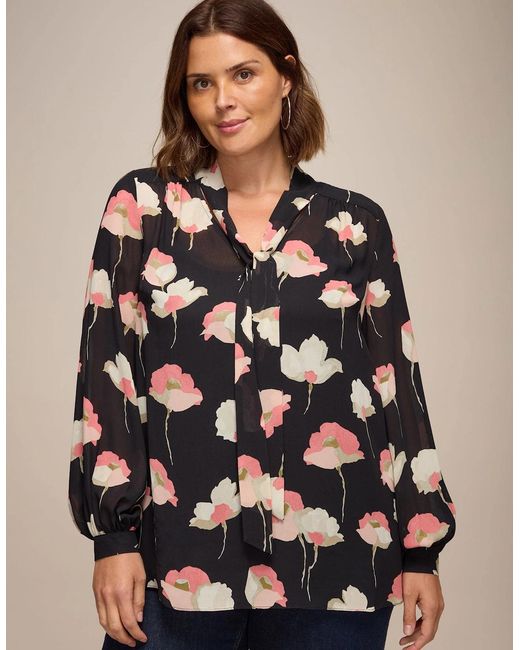 Live Unlimited London Black Floral Print Tie Neck Blouse