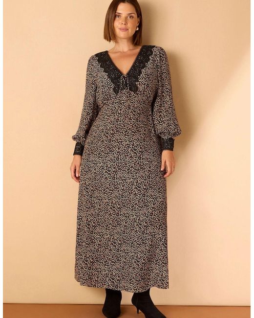 Live Unlimited London Gray Ditsy Floral Scalloped Lace Midaxi Dress