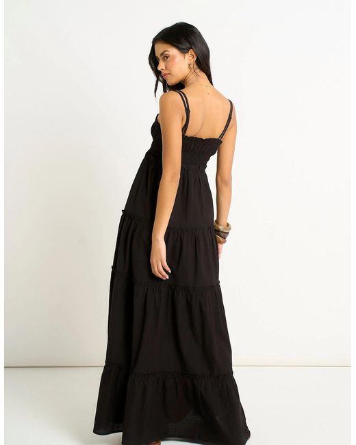 Gini London Black Cotton Shirred Strappy Flare Maxi Dress