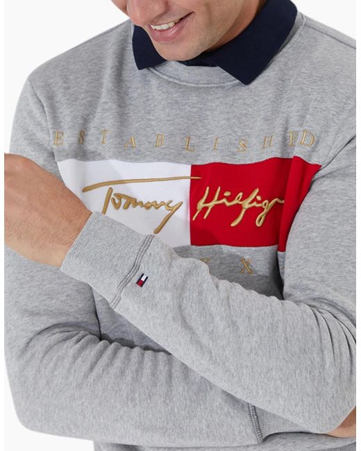 Tommy Hilfiger Gray Sweatshirts Signature Flag Fleece Pullover Crew Neck Jumper for men
