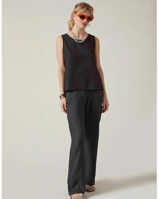 James Lakeland Black Linen Blend Sleeveless Button-Back Top