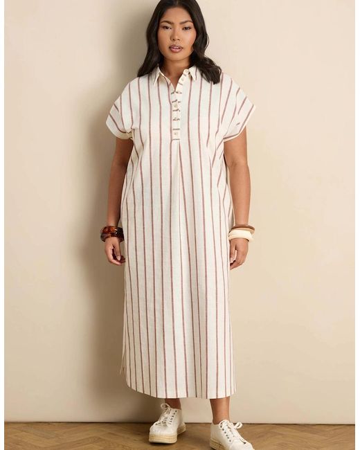 Live Unlimited London Natural Oatmeal Stripe Linen Blend Button Front Midaxi Shirt Dress