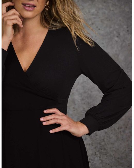 Live Unlimited London Black Jersey Wrap Midi Dress With Blouson Sleeves
