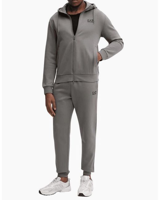 EA7 Gray Core Id Zip Hooded Cotton Tracksuit for men
