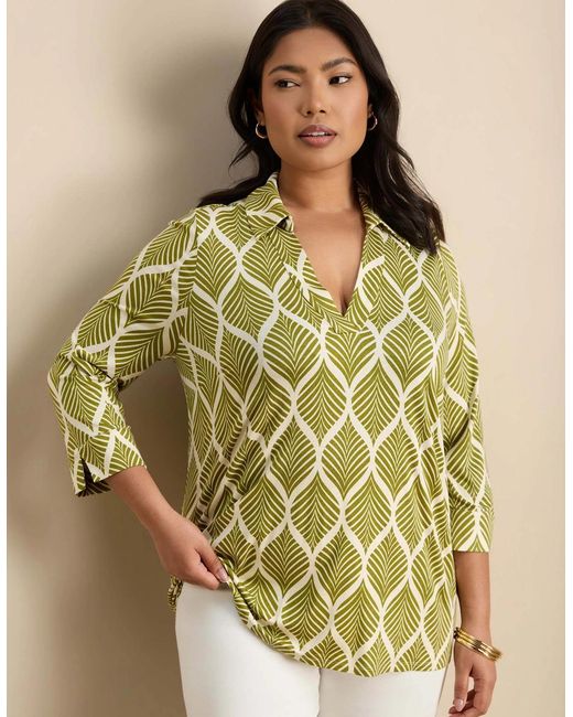 Live Unlimited London Green Chartreuse Print 3/4 Sleeve Collared V-Neck Jersey Top