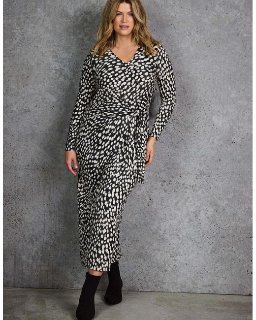 Live Unlimited London Gray Animal Print Tie Side Jersey Dress