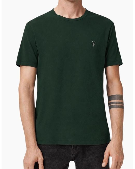 AllSaints Green T Shirts Lycra Stretch Cotton Crew Neck Short Sleeve Summer Tee for men