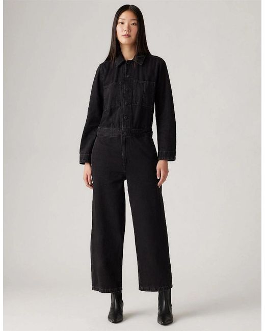Levi's Black Levi's Iconic Collared Neck Long Sleeve Solid Patterned Jumpsuit