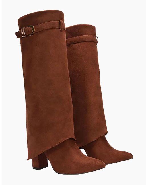 XY London Brown Ladies Aaliyah Folded Collar Zipped Knee-High Boots