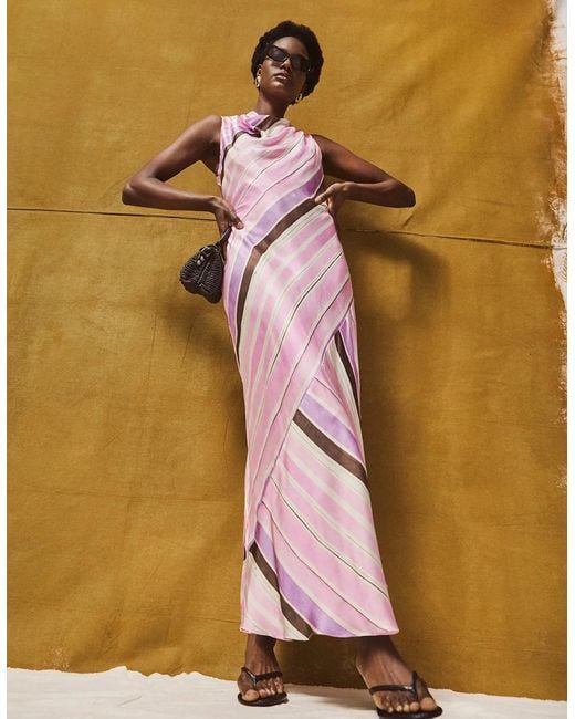 Ro&zo Pink Phoebe Stripe Cowl Neck Satin Dress
