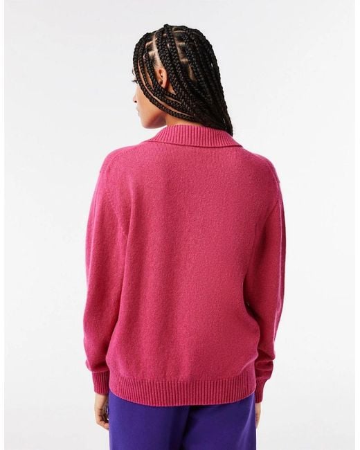 Lacoste Pink Crocodile Logo Collared Neck Long Sleeve Sweater