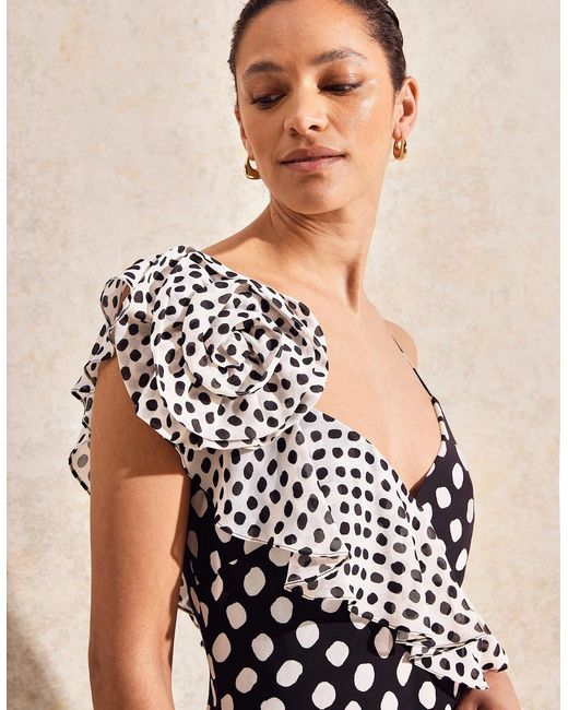 Ro&zo Black Celeste Corsage-Detail Polka-Dot Dress