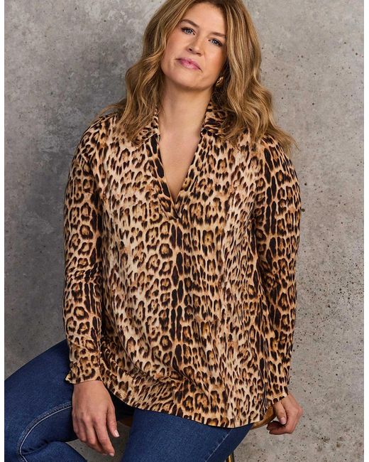 Live Unlimited London Brown Animal Print Long Sleeve Jersey Polo Neck Top