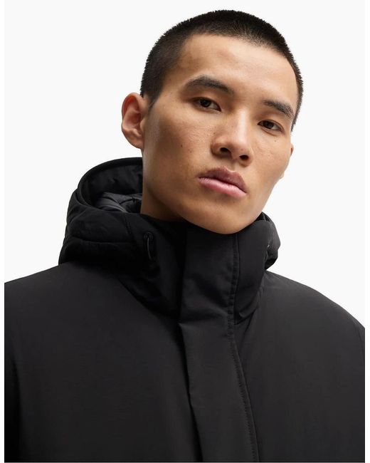 Boss Black Solid Patterned Hooded Snap Button Flap Pocket Parka Coat for men
