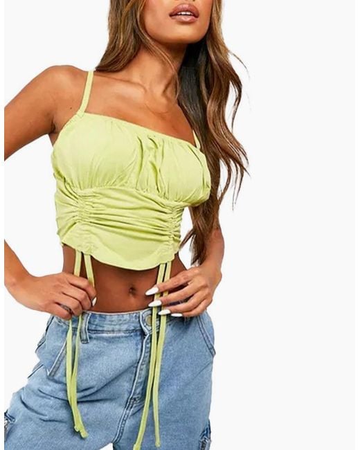 Brave Soul Green Ruched Cami Vest Stretchy Crop Top Summer Beach Cropped Tops Strappy Vest