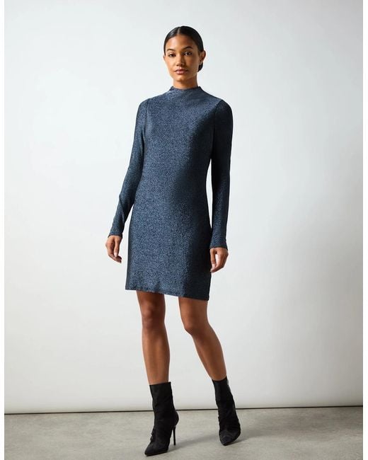 Ro&zo Blue Darcy Sparkle Jersey High Neck Mini Dress