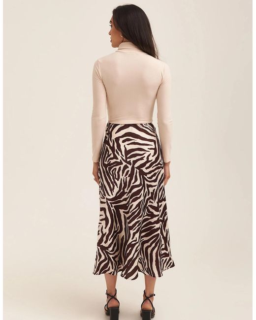 Gini London Natural Chocolate Animal Print Satin Bias Cut Midi Skirt