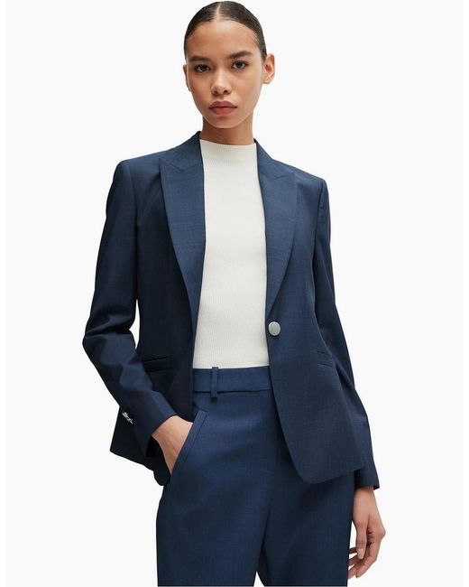 Boss Blue Solid Patterned Lapel Collared Blazer