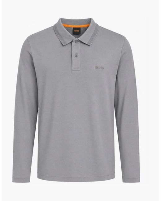 Boss Gray Interlock Long Sleeved Polo Shirt for men