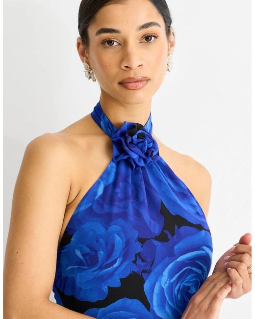 Gini London Blue Floral Occasion Halter Maxi Dress