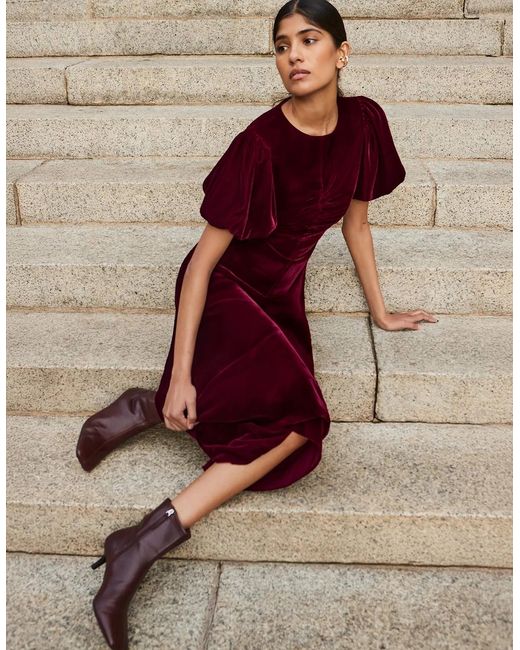 Ro&zo Red Jessie Plum Velvet Puff Sleeve Dress
