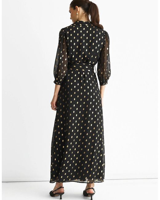 Gini London Black Chiffon Foil Belted Maxi Shirt Dress