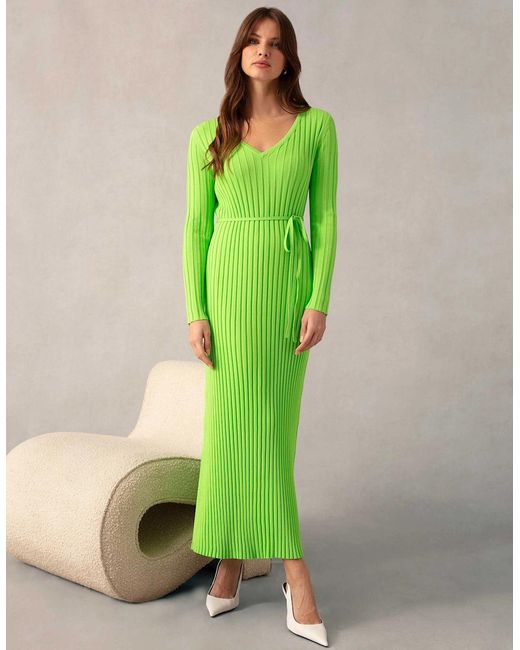 Ro&zo Green Lime Wide Rib Knit V-Neck Maxi Dress