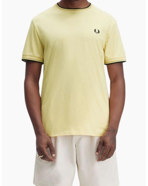 Fred Perry Natural Twin Tipped T Shirt Crew Neck Short Sleeve Summer Tee for men