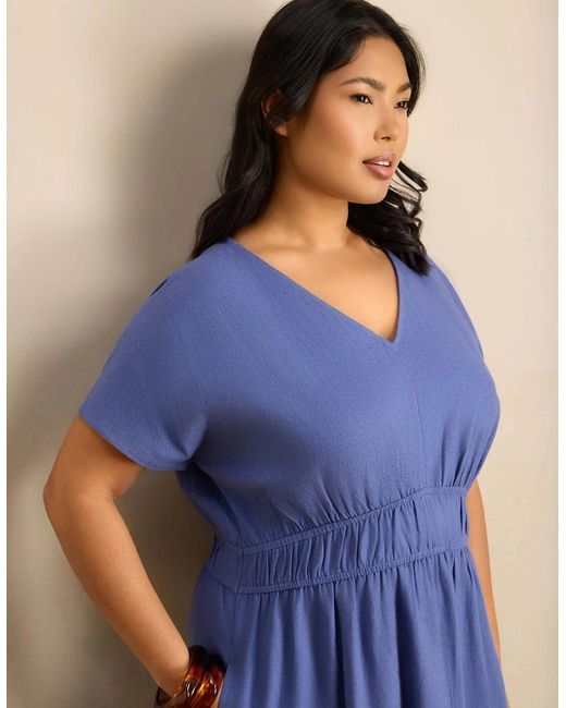 Live Unlimited London Blue Petite Linen Blend V-Neck Waist Detail Midaxi Dress