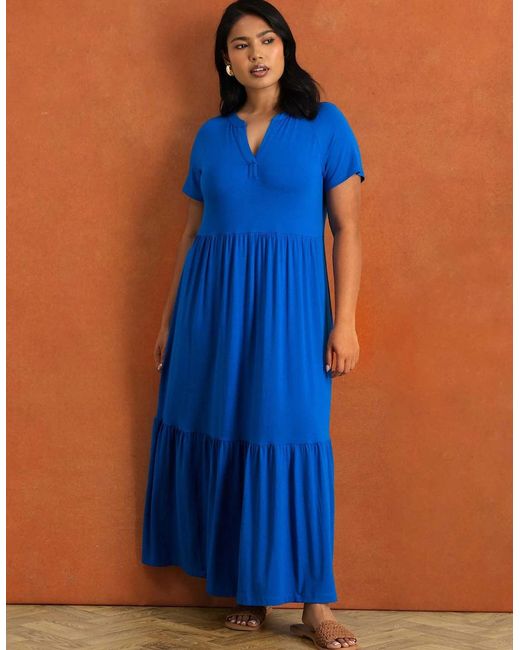 Live Unlimited London Blue Nehru Collar Tiered Jersey Maxi Dress