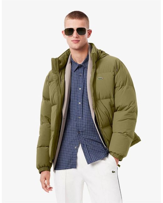 Lacoste Green Solid Patterned Side Pocket Puffer Coat for men