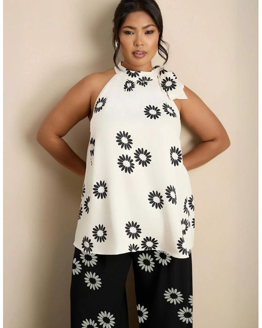 Live Unlimited London Natural Floral Print Bow Halter Neck Top