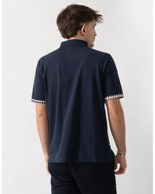 Aquascutum Blue Club Check Stretch Piquet Sleeves Polo Shirt for men