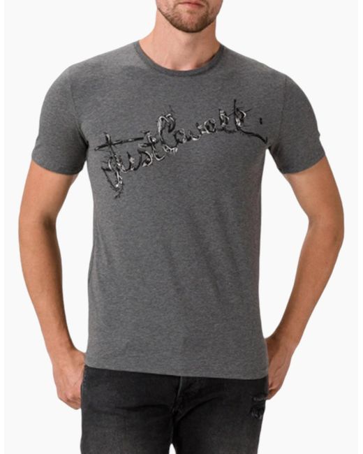 Just Cavalli Gray S03Gc0368 T-Shirt Logo Print Short Sleeve Tops Cotton Tee for men