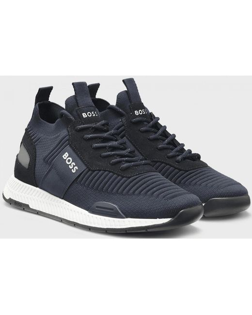 Boss Blue Titanium Runn Knitted Runner Trainers for men