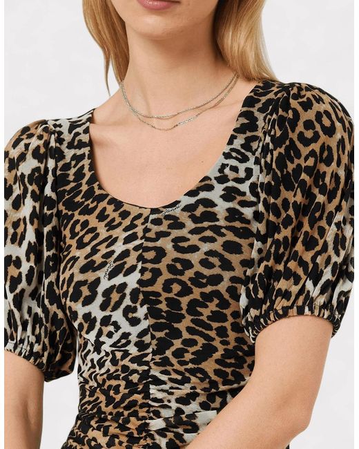 Ganni Black Ruched Mesh Mini Dress Leopard Print