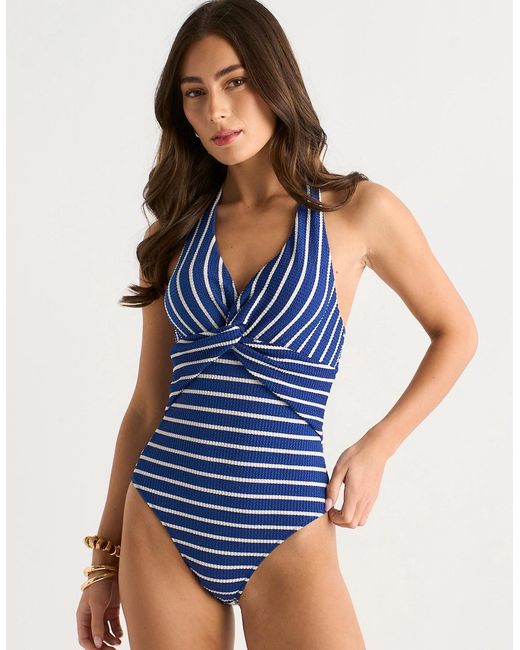 Gini London Blue Textured Stripe Twist Front Swimsuit