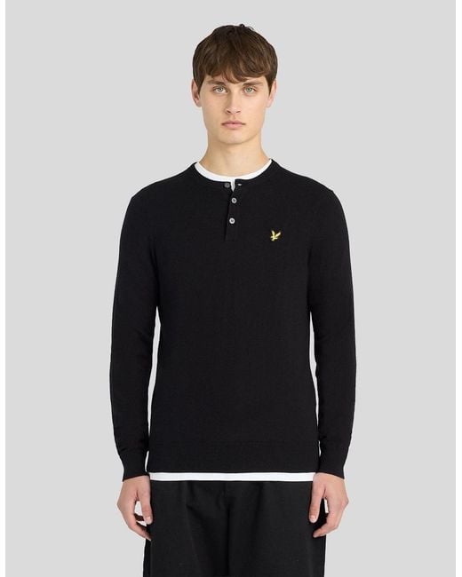 Lyle & Scott Black Cotton Merino Henley Jumper for men