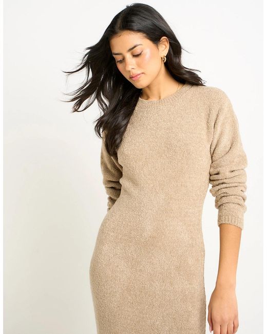 Gini London Natural Oatmeal Jersey Boucle Side Slit Maxi Dress