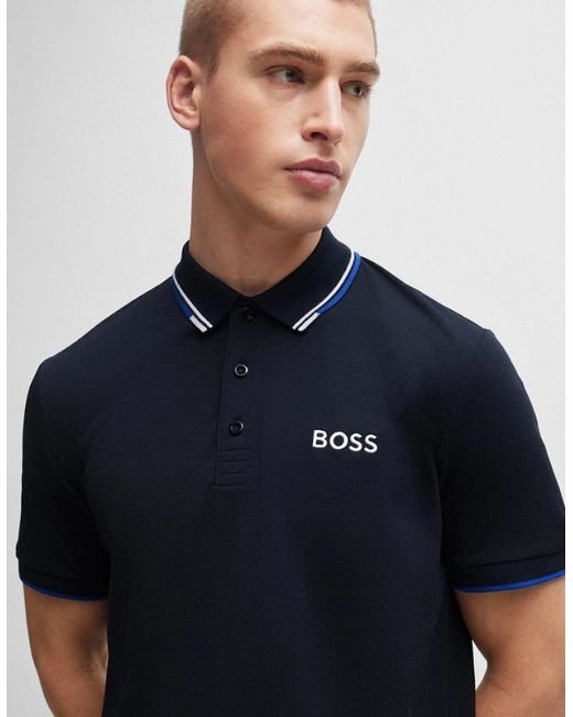 Boss Blue Boss Paddy Pro Cotton Blend Polo Shirt With Contrast Logos Nos for men